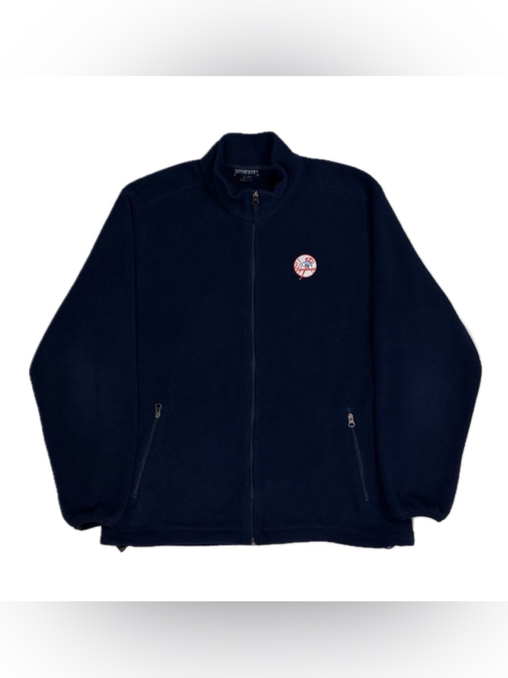 Vtg 90s Lands End New York Yankees Navy Embroidered Zip Sherpa‎ Fleece Men Large